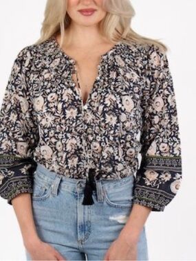Cleobella Navy and Cream Floral Peasant Blouse